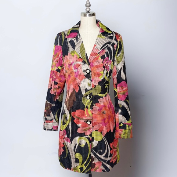Trina Turk Jacquard Floral Print Mid Length Jacket Multicolor 4 Small - Picture 1 of 15